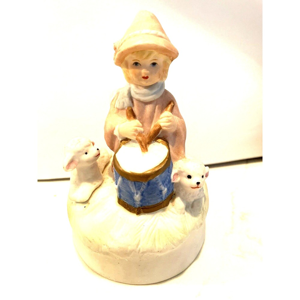 Little Drummer Girl with 2 Baby Sheeps Wind up Music Box Vintage Ceramic